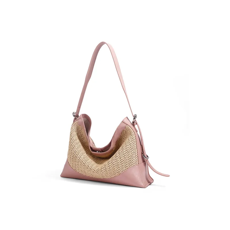 TOMATO&POTATO Cow Leather Woven Bag, Shoulder Bag Women's Straw Woven & Brown & Pink-8
