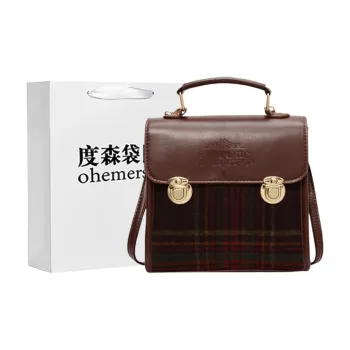 Dusen Kangaroo Woolen With PU Crossbody Handbag Regular Women's Red Plaid/Brown Plaid/Gray Plaid