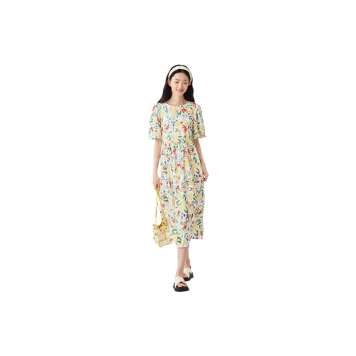 Asuka and new sake Short-Sleeved Dresses Women's Full-Width Pattern Light Yellow