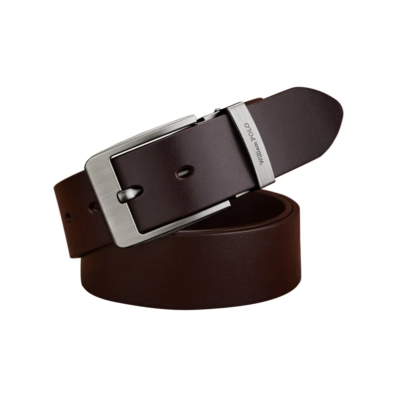 WilliamPOLO Cow Leather Leather Belts Men's Silver Buckle Coffee Strap 3.8cm Width-1