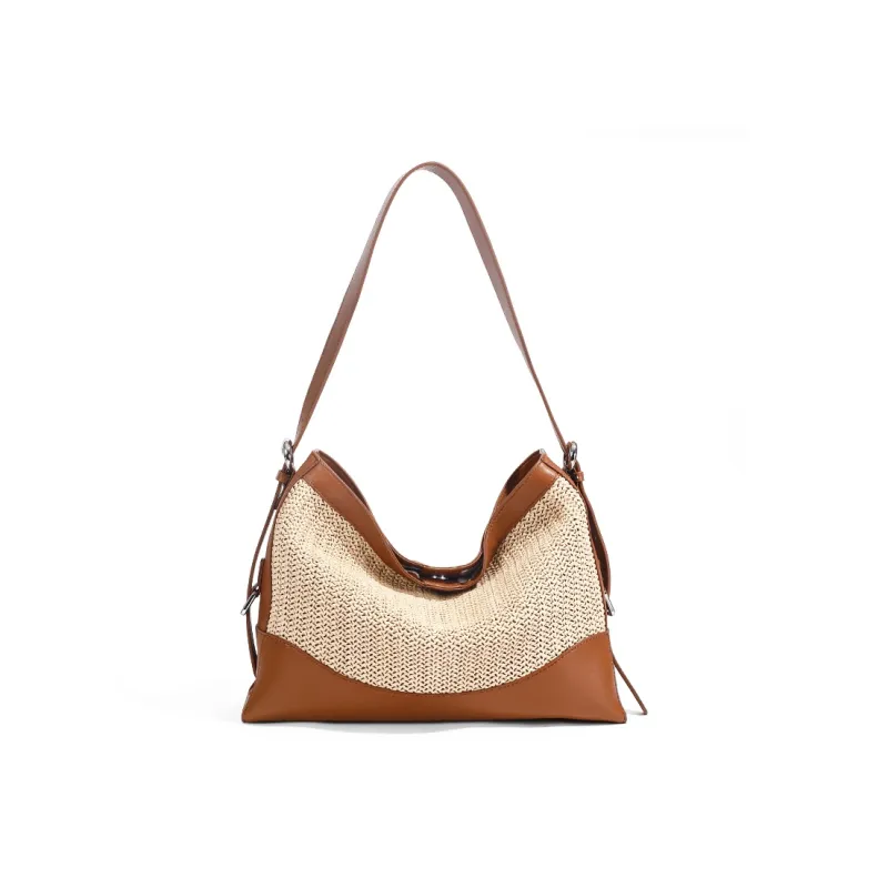TOMATO&POTATO Cow Leather Woven Bag, Shoulder Bag Women's Straw Woven & Brown & Pink-0