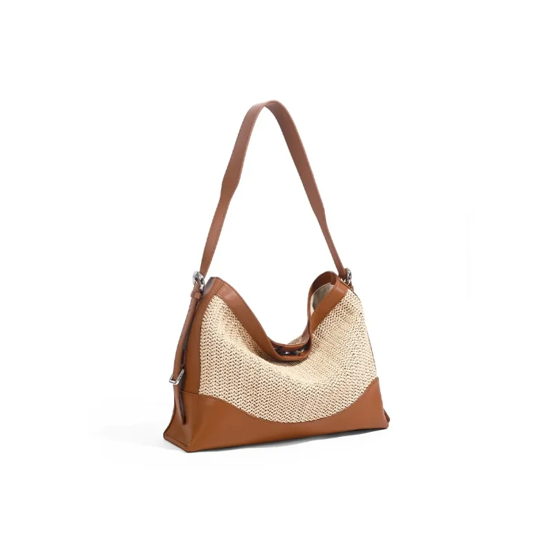 TOMATO&POTATO Cow Leather Woven Bag, Shoulder Bag Women's Straw Woven & Brown & Pink-1