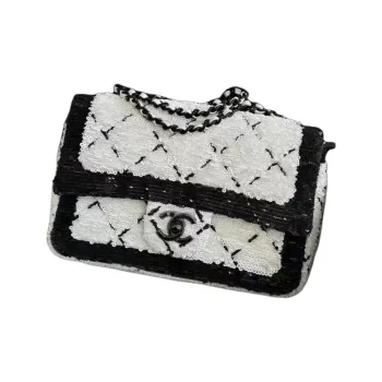 CHANEL Woven Tweed Shoulder Bag Crossbody Bag Handbag Small Size Women's Black & White