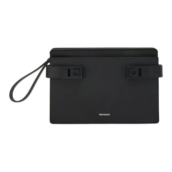 FERRAGAMO GANCINI Hammered Calfskin Clutch Men's Black