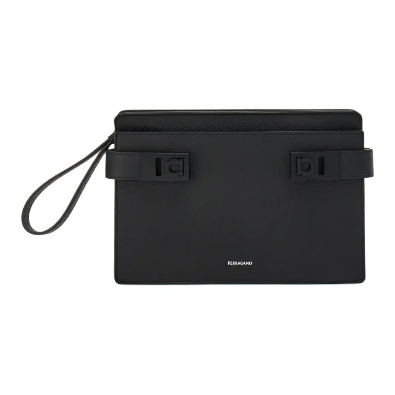 FERRAGAMO GANCINI Hammered Calfskin Clutch Men's Black-0
