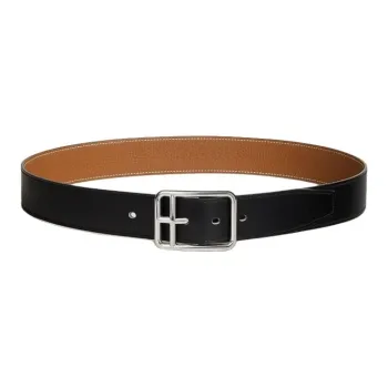 HERMES Double Sided Design, Pin Buckle Calfskin, Metal, Palladium Plated Leather Belts Men's Black/Brown Width 3.8CM