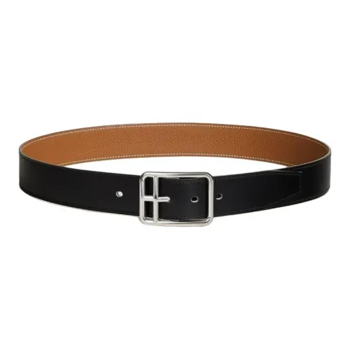 HERMES Double Sided Design, Pin Buckle Calfskin, Metal, Palladium Plated Leather Belts Men's Black/Brown Width 3.8CM
