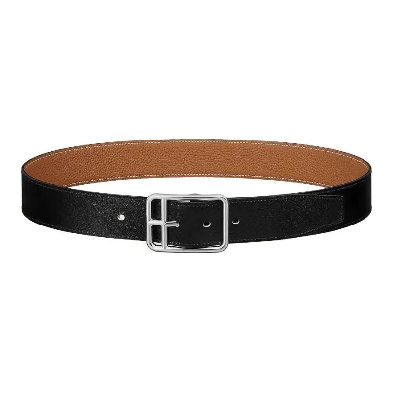 HERMES Double Sided Design, Pin Buckle Calfskin, Metal, Palladium Plated Leather Belts Men's Black/Brown Width 3.8CM-1