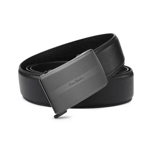 PIERRE CARDIN Top Grain Cow Leather Belt Minimalist Style Stripes Automatic Buckle Men's Black 3.45cm