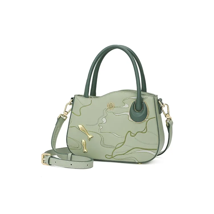 Ancient Yi Xi Cow Leather Fish Pond Embroidery Commute Shoulder Bag, Crossbody Bag, Handbag Women's Lotus Green-1