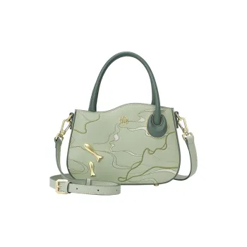 Ancient Yi Xi Cow Leather Fish Pond Embroidery Commute Shoulder Bag, Crossbody Bag, Handbag Women's Lotus Green