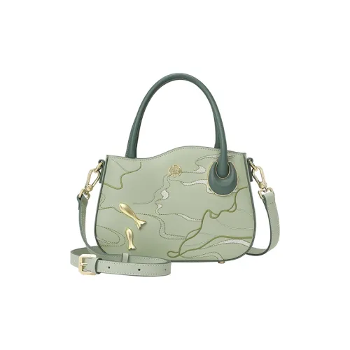 Ancient Yi Xi Cow Leather Fish Pond Embroidery Commute Shoulder Bag, Crossbody Bag, Handbag Women's Lotus Green