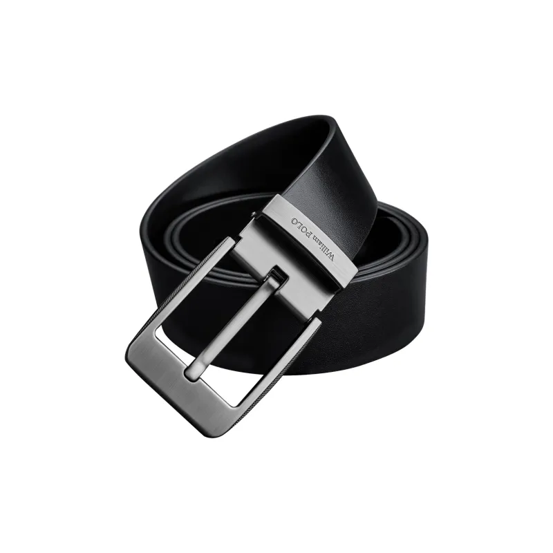WilliamPOLO Cow Leather Belts Men's Gunmetal Buckle Black Strap 3.8cm Width-2