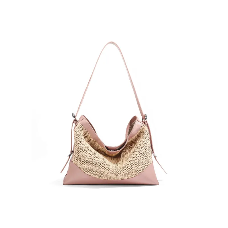 TOMATO&POTATO Cow Leather Woven Bag, Shoulder Bag Women's Straw Woven & Brown & Pink-6
