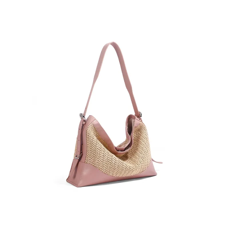 TOMATO&POTATO Cow Leather Woven Bag, Shoulder Bag Women's Straw Woven & Brown & Pink-7