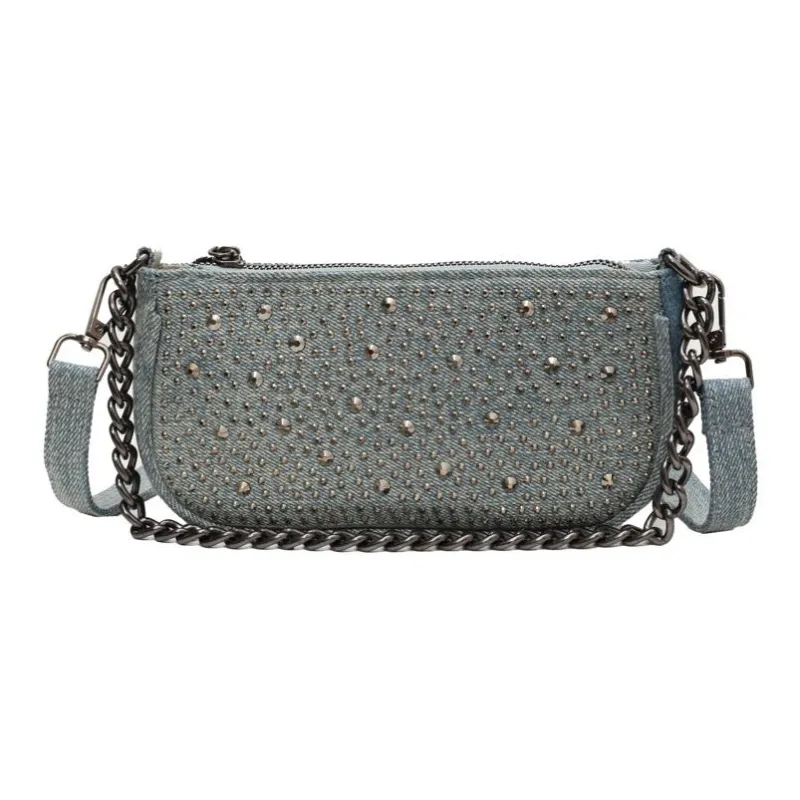 RKM Denim Chain Saddle Bag, Shoulder Bag, Crossbody Bag Unisex Blue/Light Blue-6