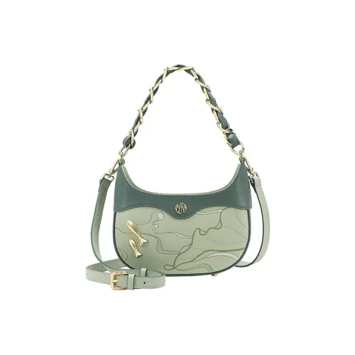 Ancient Yi Xi Cow Leather Advanced Sensory Shoulder Bag Cheongsam Shoulder Handbag Women's Lotus Green
