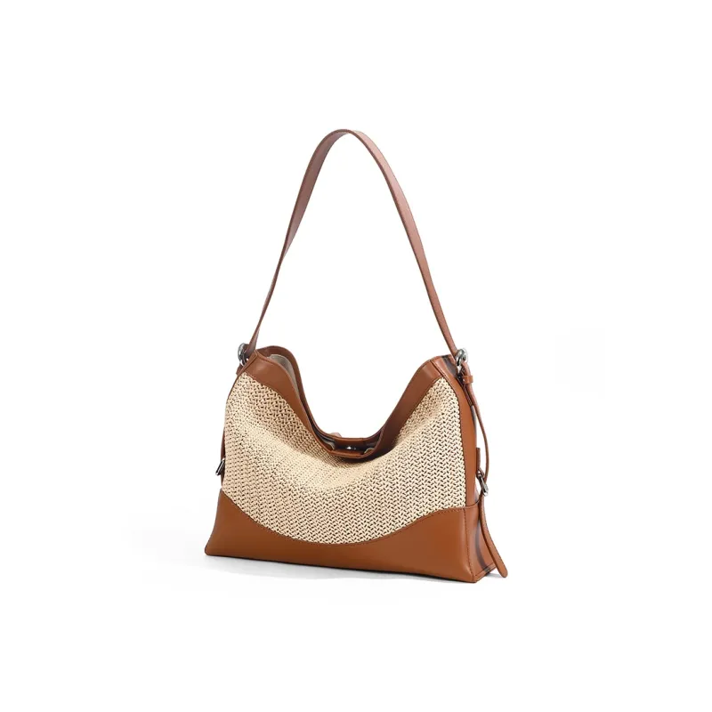 TOMATO&POTATO Cow Leather Woven Bag, Shoulder Bag Women's Straw Woven & Brown & Pink-2