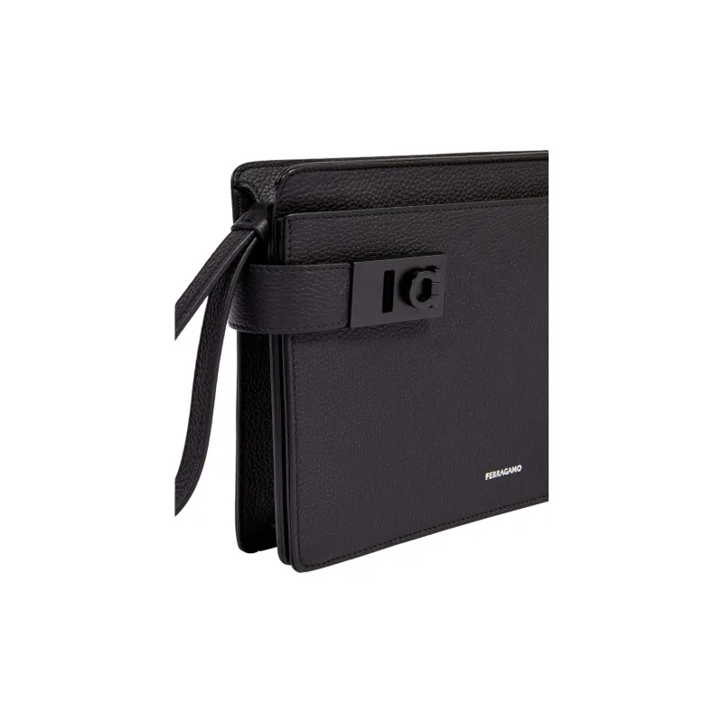 FERRAGAMO GANCINI Hammered Calfskin Clutch Men's Black-3