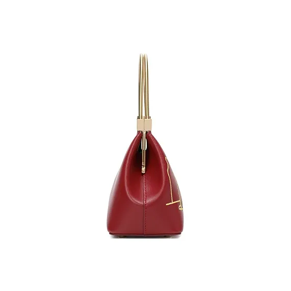 Ancient Yi Xi Cow Leather Cheongsam Clasp Handbag Trumpets Women's Red Door Opening-3