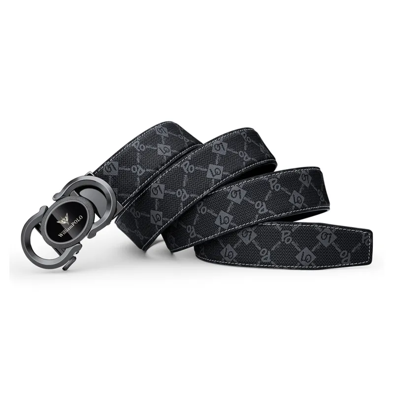 WilliamPOLO PVC Leather Belts Men's Gunmetal Buckle Gold Logo 3.5cm Width-4