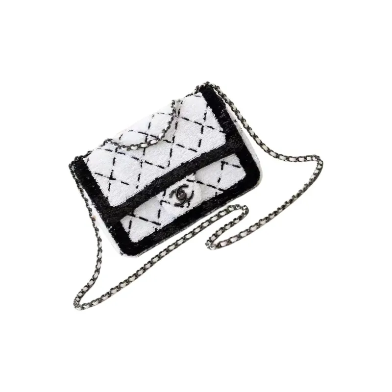 CHANEL Woven Tweed Shoulder Bag, Crossbody Bag, Handbag Trumpets Women's Black & White-3