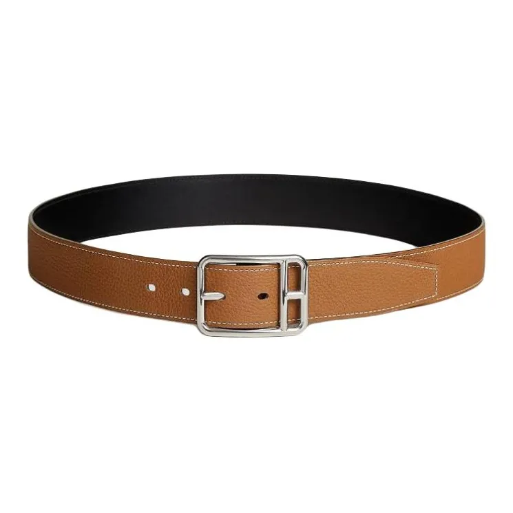 HERMES Double Sided Design, Pin Buckle Calfskin, Metal, Palladium Plated Leather Belts Men's Black/Brown Width 3.8CM-2