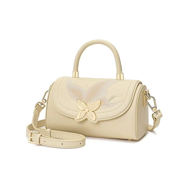 Ancient Yi Xi Cow Leather Niche Vintage Cheongsam Handbag, Shoulder Bag, Crossbody Bag Women's Apricot White-1