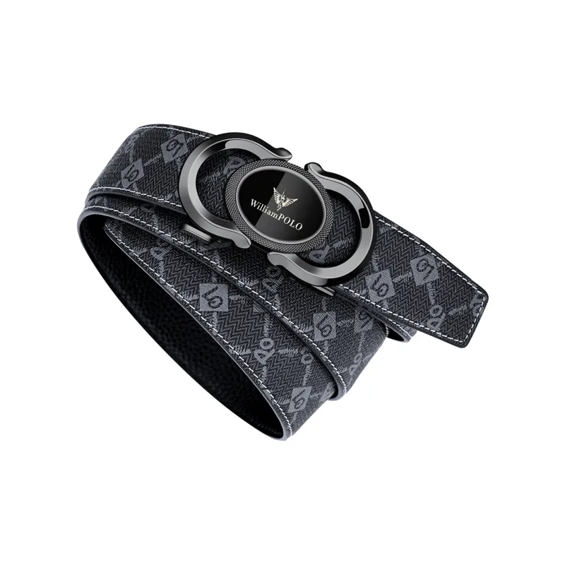 WilliamPOLO PVC Leather Belts Men's Gunmetal Buckle Gold Logo 3.5cm Width-2