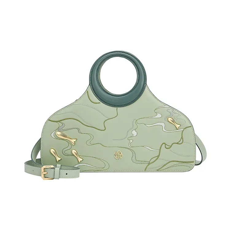 Ancient Yi Xi Cow Leather Cheongsam One Shoulder Handbag Medium Size Women's Lotus Green-0