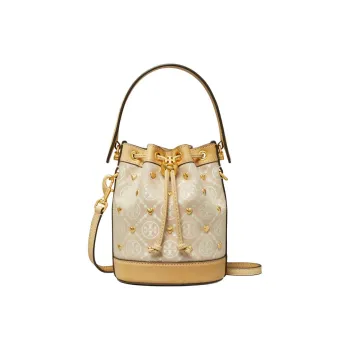 TORY BURCH T Monogram Leather Trim Bucket Bags Shoulder Bag Crossbody Bag Handbag Mini Women's Ivory White Multicolor