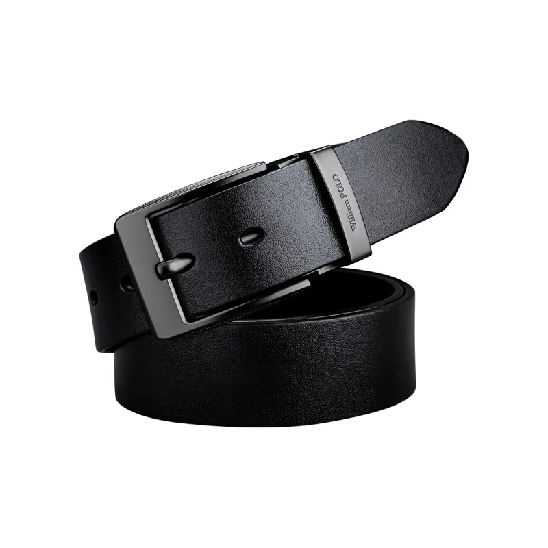 WilliamPOLO Cow Leather Belts Men's Gunmetal Buckle Black Strap 3.8cm Width-1