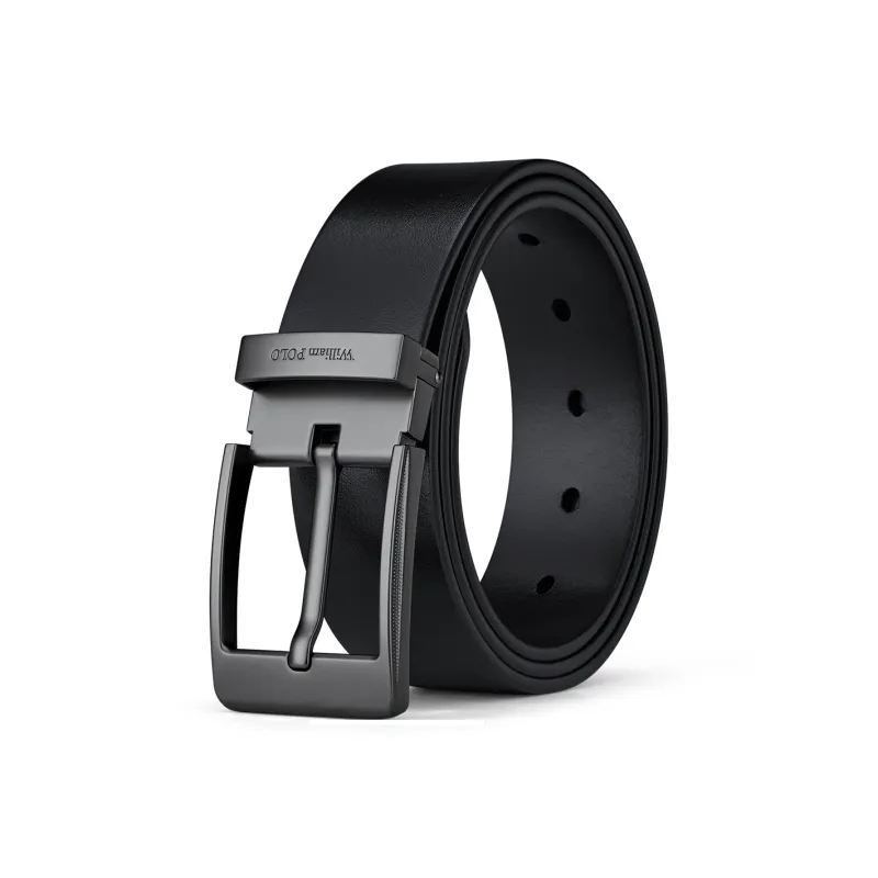 WilliamPOLO Cow Leather Belts Men's Gunmetal Buckle Black Strap 3.8cm Width-0
