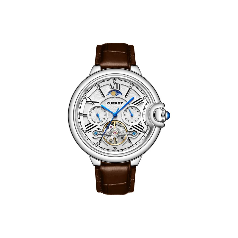 KUERST Mechanical Movement Cow Leather Strap Watch Men's Watches White Dial-14