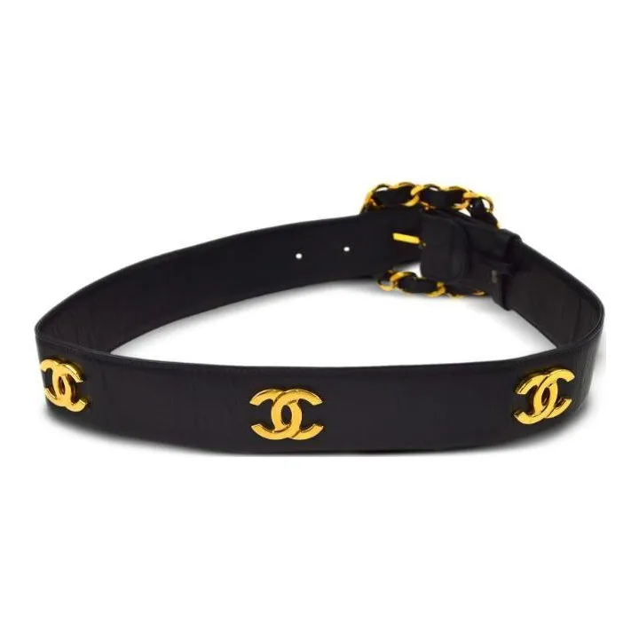 CHANEL 990-2000s CC Logo Plaque Leather Leather Belts Women's Black-1