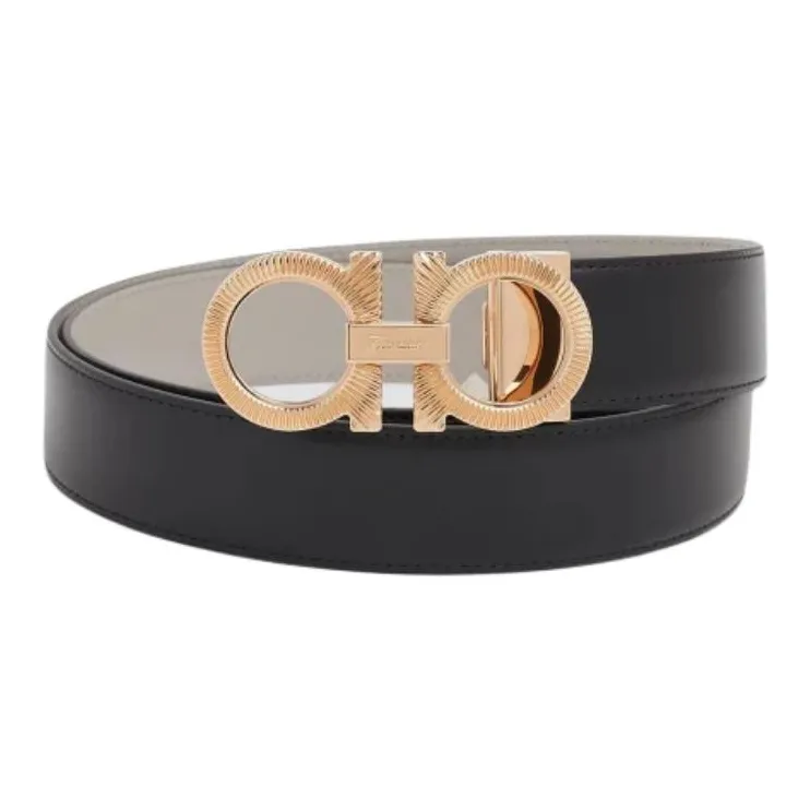 FERRAGAMO Two-Tone Styling Design Leather Belts Men's Black --0