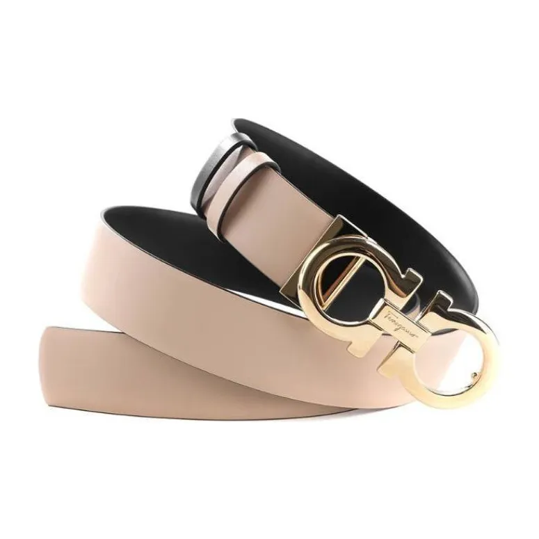 FERRAGAMO Logo Emblem Smooth Buckle Metal Leather Belts Women's Light Brown Width 3.5CM-1