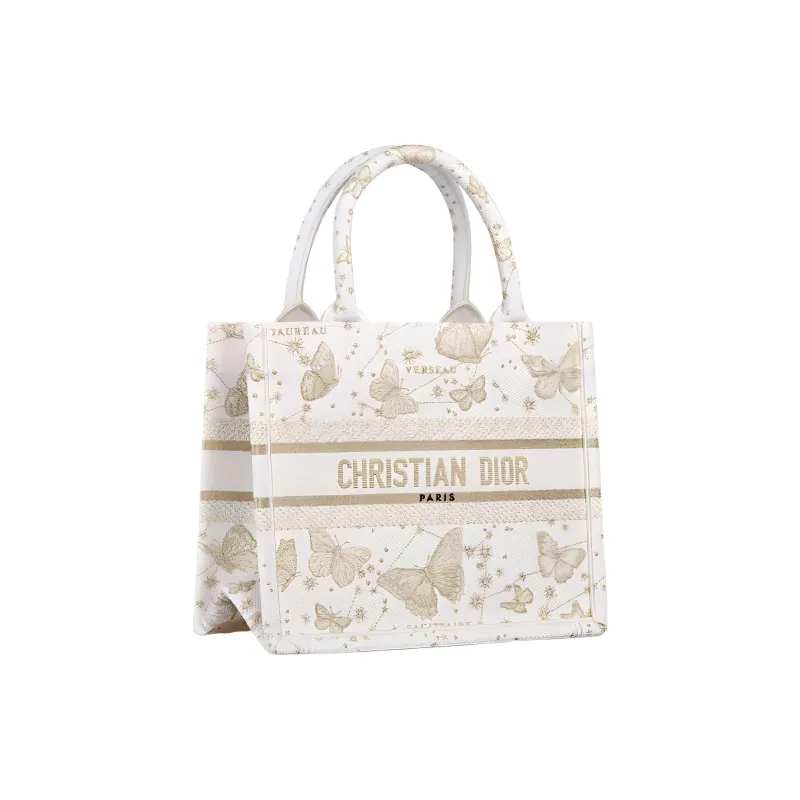 DIOR BookTote Embroidery Tote Bag Shopping Bag Handbag Small Size Women's Gold & White-1
