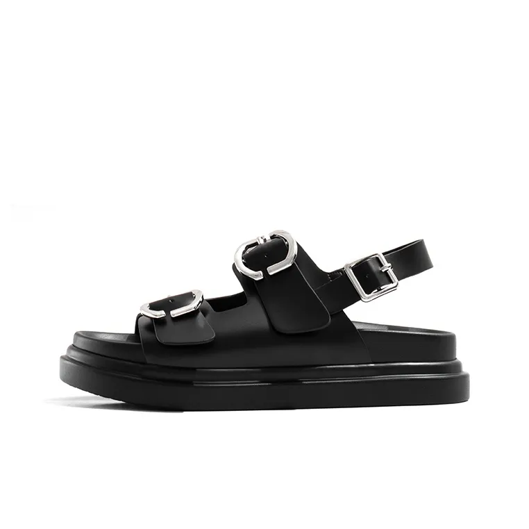 Old Meow Flat One Button Buckle Sandals Beach Sandals 4.5cm Women's Black-0
