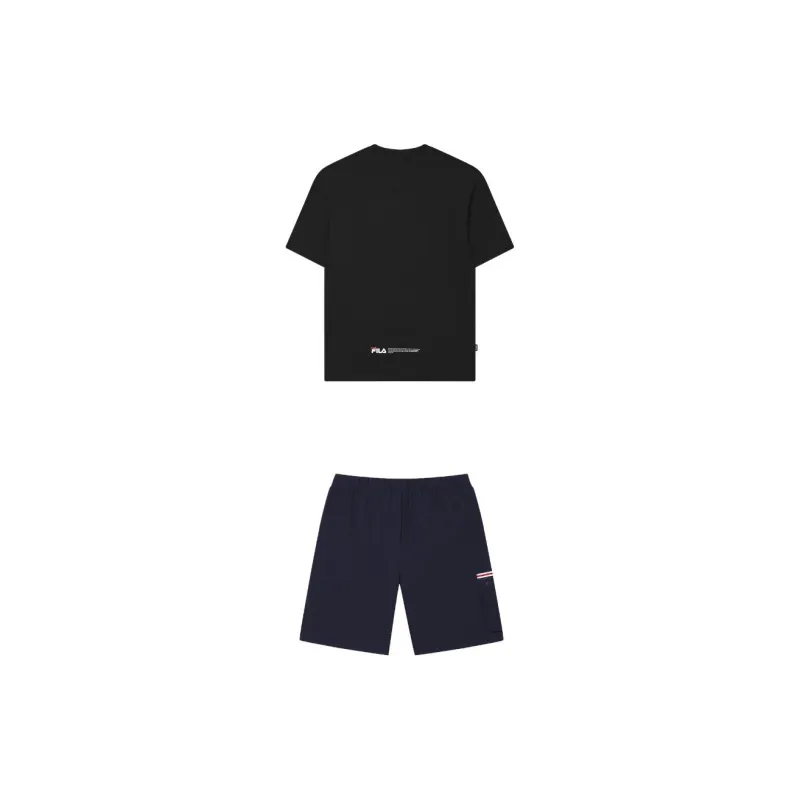 FILA Casual Sportswear Men Set Jet Black Short-Sleeved Shirt+Secret Mirror Blue Shorts-1