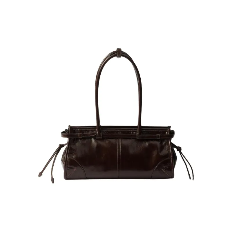 PRADA Leather One Shoulder Handbag Medium Size Women's Dark Brown-2