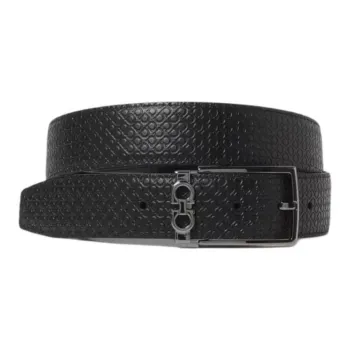 FERRAGAMO Print Design Leather Belts Men's Black Width 3.5CM