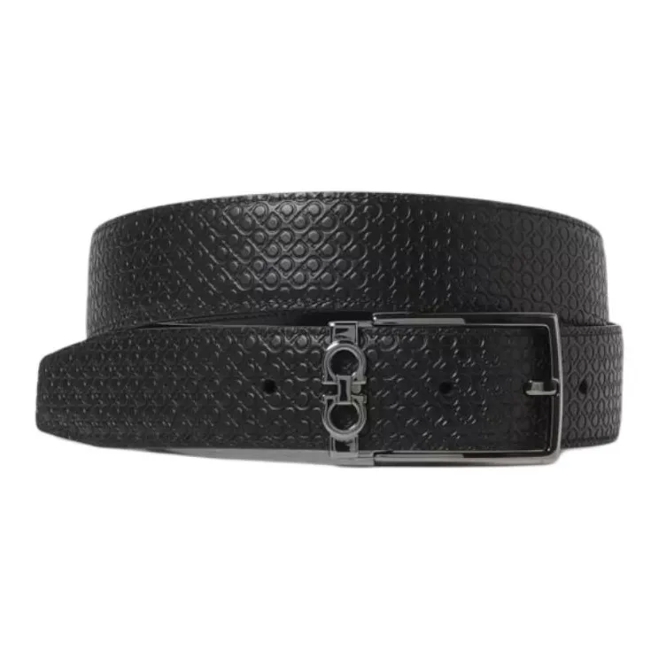 FERRAGAMO Print Design Leather Belts Men's Black Width 3.5CM-0