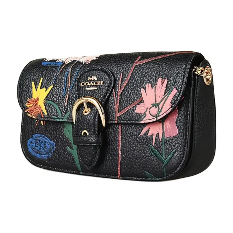 COACH X Basquiat Collaboration Kleo Leather Shoulder Bag, Crossbody Bag Trumpets Women's Black-2