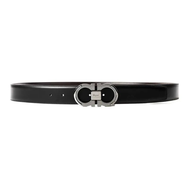 FERRAGAMO Solid Color Styling Design Leather Belts Men's Black Width  3.5cm-2