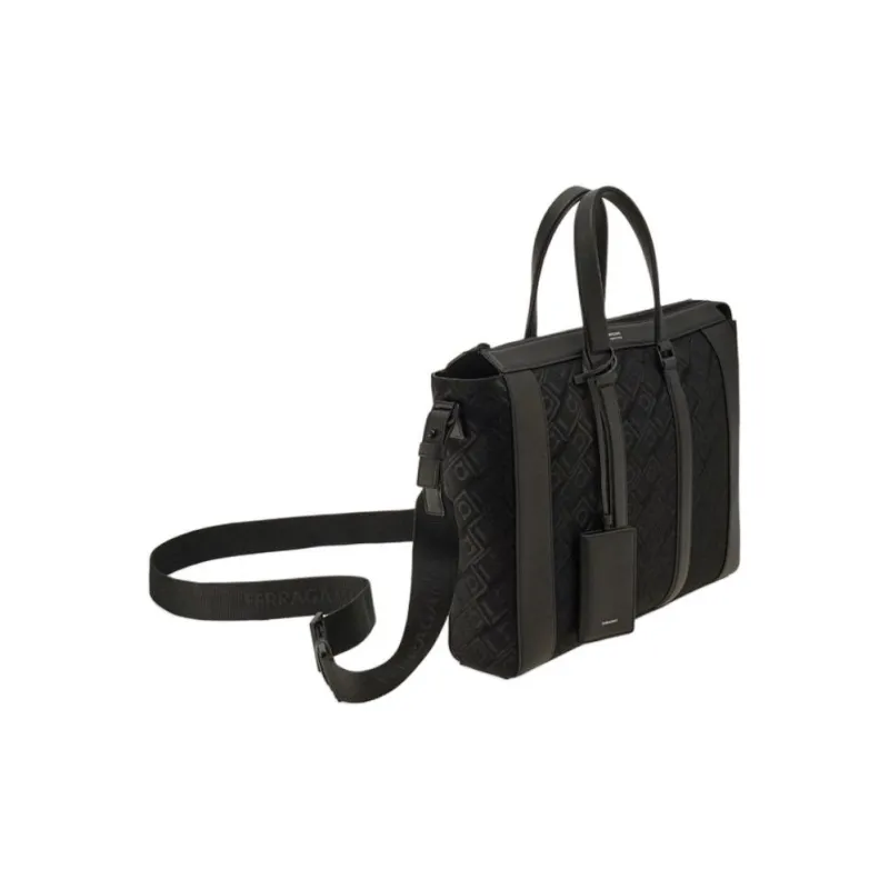 FERRAGAMO Calfskin Patchwork Fabric Shoulder Bag Crossbody Bag Handbag Men's Black-1