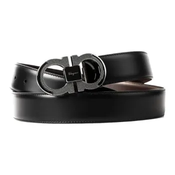 FERRAGAMO Solid Color Styling Design Leather Belts Men's Black Width  3.5cm