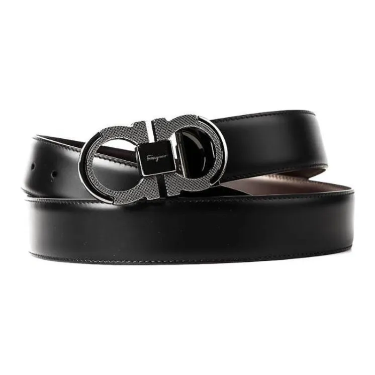 FERRAGAMO Solid Color Styling Design Leather Belts Men's Black Width  3.5cm-0