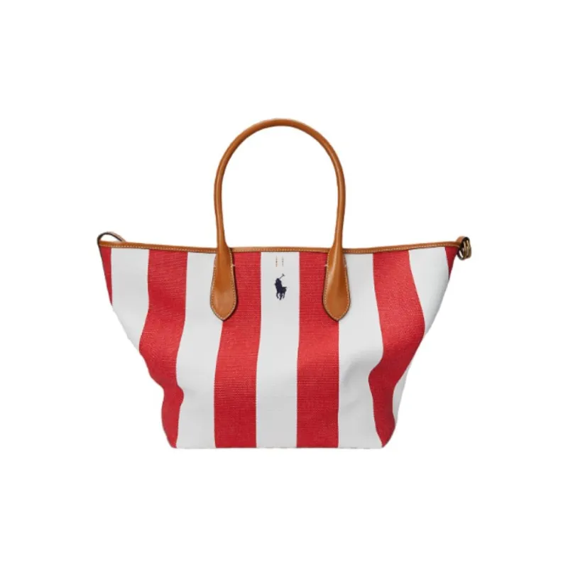 Polo Ralph Lauren Canvas Tote Bag Shopping Bag Shoulder Bag Handbag Medium Size Women's Red & White-0