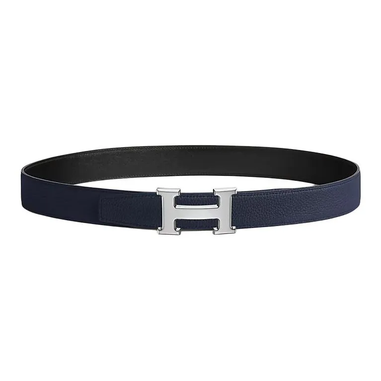 HERMES Brass Calfskin Leather Belts Men's Black/Blue Width  3.2CM-1